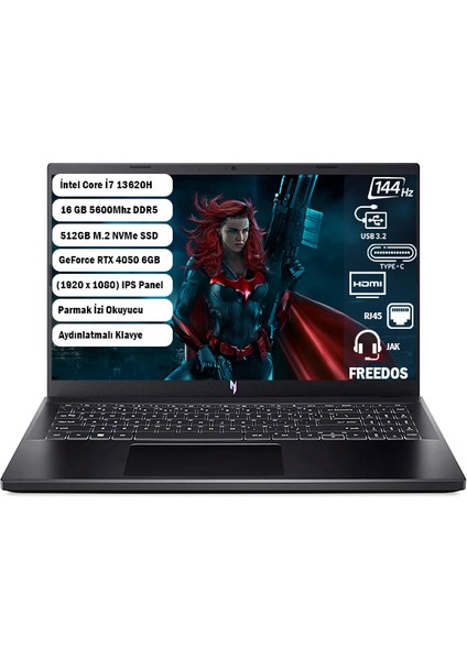 Nitro V 15 ANV15-51 Intel I7-13620H 16 GB 512 GB SSD RTX 4050-6 GB 15.6" 144 Hz Freedos NH.QNBEY.002