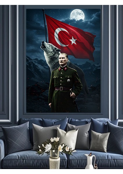 Mustafa Kemal Atatürk ve Kurt Dekoratif Kanvas - Mdf Ahşap Tablo