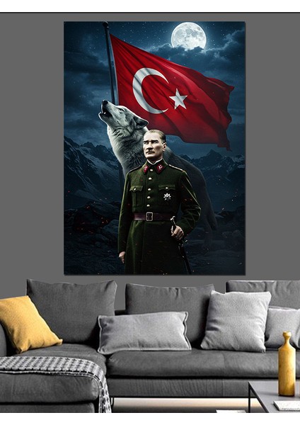 Mustafa Kemal Atatürk ve Kurt Dekoratif Kanvas - Mdf Ahşap Tablo