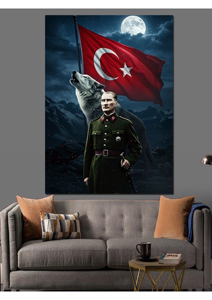 Mustafa Kemal Atatürk ve Kurt Dekoratif Kanvas - Mdf Ahşap Tablo