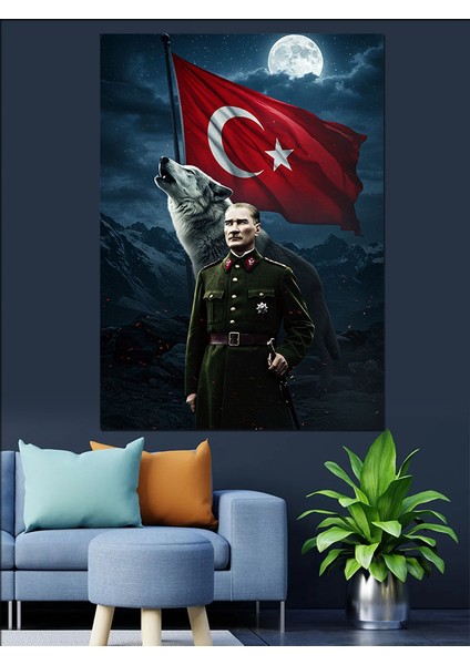 Mustafa Kemal Atatürk ve Kurt Dekoratif Kanvas - Mdf Ahşap Tablo