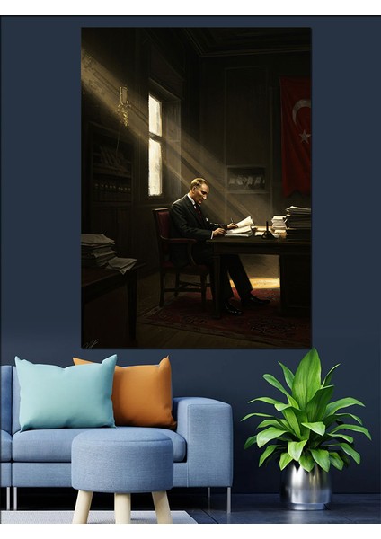 Mustafa Kemal Atatürk Çalışma Odası Dekoratif Kanvas - Mdf Ahşap Tablo