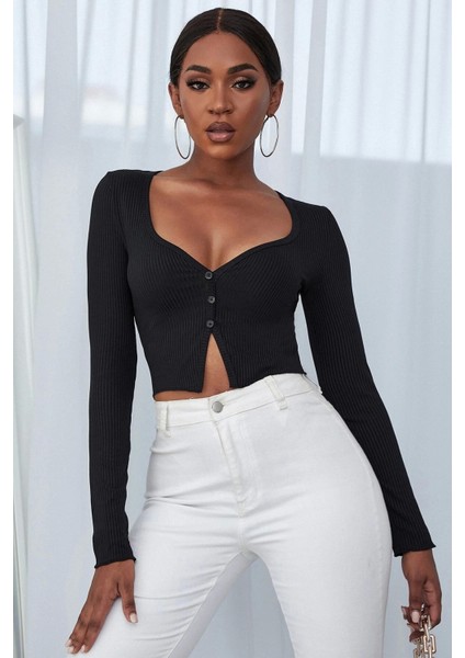 Marsilyan- Kadın Siyah Uzun Kollu Düğmeli Göğüs ve Göbek Dekolteli Crop Top Bluz fırsatları