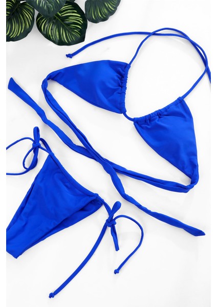 Kadın Mavi Yandan Bağlamalı Tangalı Üçgen Bikini Mayo Takımı