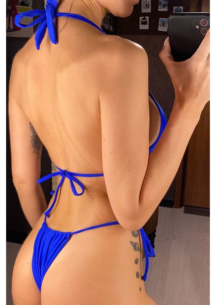 Kadın Mavi Yandan Bağlamalı Tangalı Üçgen Bikini Mayo Takımı