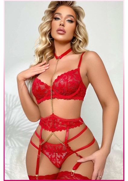 Kırmızı Göğüs Balenli Dantelli Zincir Detaylı Seksi Jartiyer Takım