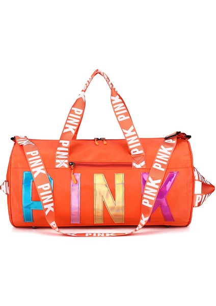 Turuncu Tarzı Pembe Lazer Logolu Su Geçirmez Kadın Seyahat Çantası Spor Spor Salonu Holdall Çantası Gece Hafta Sonu Taşı Seyahat Çantası El Bagajı (Yurt Dışından)