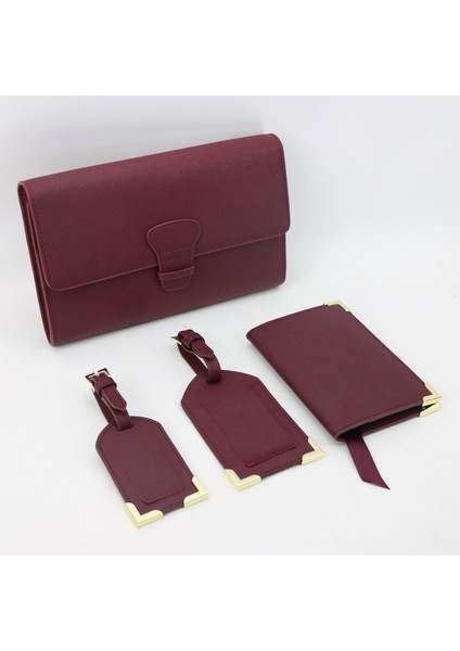 Bordo Pasaport Tarzı Monogramlı Saffiano Deri Seyahat Koleksiyonu Hediye Seyahat Seti Kitleri Deri Pasaport Kılıfı Kapak Seyahat Etiketi Uzun Seyahat Cüzdanı (Yurt Dışından)