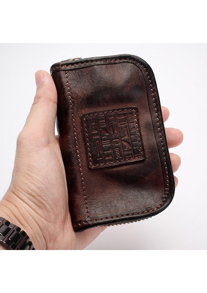 Kahve Stili Vintage El Yapımı Gerçek Deri Anahtar Cüzdanı Erkek Kısa Fermuarlı Araba Anahtar Kart Tutucu Bozuk Para Cüzdanı Çanta Organizatör Ev Sahibi Kadınlar Için (Yurt Dışından)