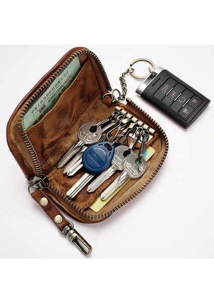 Kahve Stili Vintage El Yapımı Gerçek Deri Anahtar Cüzdanı Erkek Kısa Fermuarlı Araba Anahtar Kart Tutucu Bozuk Para Cüzdanı Çanta Organizatör Ev Sahibi Kadınlar Için (Yurt Dışından)