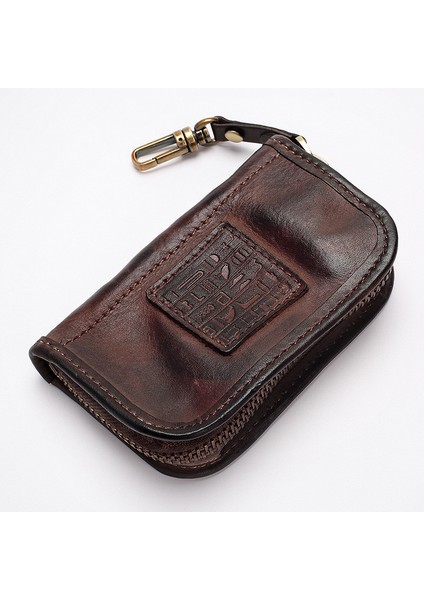 Kahve Stili Vintage El Yapımı Gerçek Deri Anahtar Cüzdanı Erkek Kısa Fermuarlı Araba Anahtar Kart Tutucu Bozuk Para Cüzdanı Çanta Organizatör Ev Sahibi Kadınlar Için (Yurt Dışından)