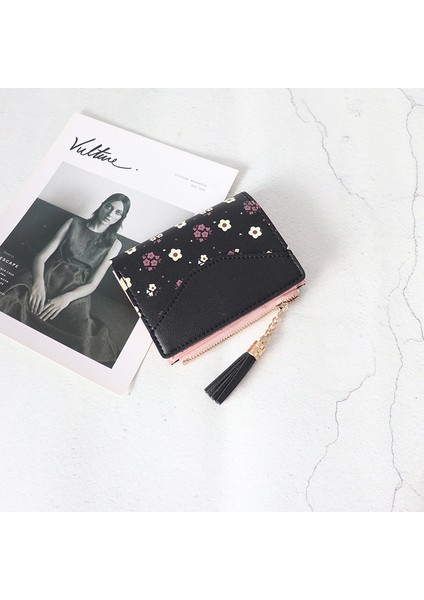 Siyah Stil Çiçekli Küçük Püsküllü Cüzdan Kadın Kısa Şirin Fermuarlı Cüzdan Kız Bayan Bozuk Para Cüzdanları Monederos Para Monedas (Yurt Dışından)