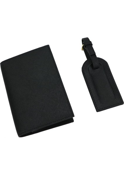 Balck Bütün Set Stili Moda Monogramlı Ilk Harf Mektuplar Cinsiyetsiz Saffiano Deri Pasaport Kılıfı Bagaj Etiketi Pasaport Kapak Seti Seyahat Aksesuarları (Yurt Dışından)