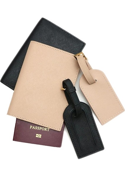Balck Bütün Set Stili Moda Monogramlı Ilk Harf Mektuplar Cinsiyetsiz Saffiano Deri Pasaport Kılıfı Bagaj Etiketi Pasaport Kapak Seti Seyahat Aksesuarları (Yurt Dışından)