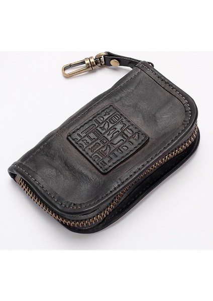 Siyah Stil Vintage El Yapımı Gerçek Deri Anahtar Cüzdanı Erkek Kısa Fermuarlı Araba Anahtar Kart Tutucu Bozuk Para Cüzdanı Çanta Organizatör Ev Sahibi Kadınlar Için (Yurt Dışından)