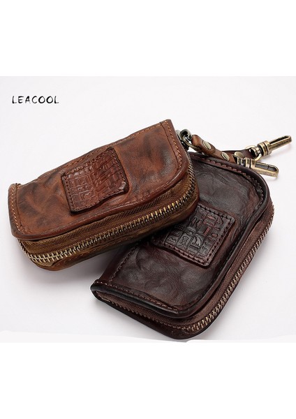 Siyah Stil Vintage El Yapımı Gerçek Deri Anahtar Cüzdanı Erkek Kısa Fermuarlı Araba Anahtar Kart Tutucu Bozuk Para Cüzdanı Çanta Organizatör Ev Sahibi Kadınlar Için (Yurt Dışından)