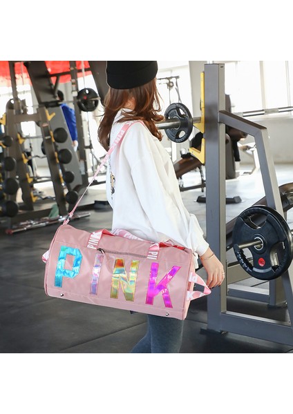 Sarı Stil Pembe Lazer Logolu Su Geçirmez Kadın Seyahat Çantası Spor Spor Salonu Holdall Çantası Gece Hafta Sonu Taşı Seyahat Çantası El Bagajı (Yurt Dışından) modelleri