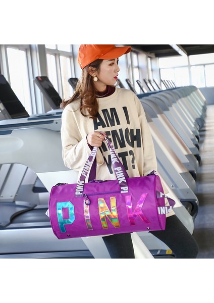 Sarı Stil Pembe Lazer Logolu Su Geçirmez Kadın Seyahat Çantası Spor Spor Salonu Holdall Çantası Gece Hafta Sonu Taşı Seyahat Çantası El Bagajı (Yurt Dışından) fırsatları