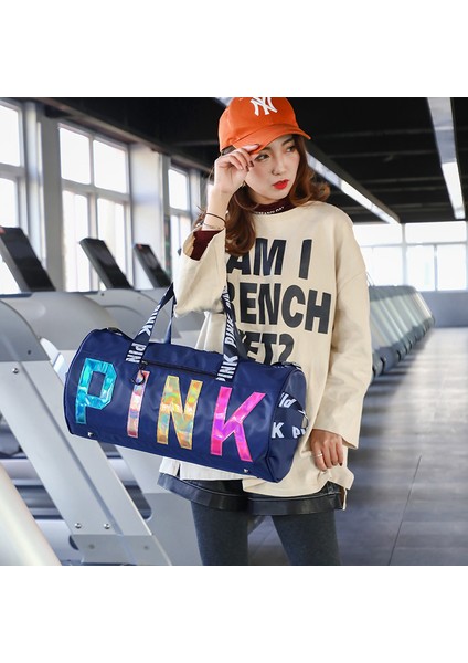 Sarı Stil Pembe Lazer Logolu Su Geçirmez Kadın Seyahat Çantası Spor Spor Salonu Holdall Çantası Gece Hafta Sonu Taşı Seyahat Çantası El Bagajı (Yurt Dışından) indirimleri
