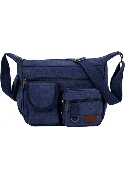 Mavi Stil Omuz Çantası Unisex Kanvas Büyük Kapasiteli Çok Cepli Vintage Şık Düz Cross-Body Günlük Seyahat Tote Moda Retro (Yurt Dışından)