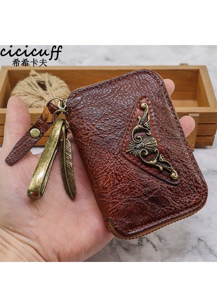 Kumral Tarzı %100 Gerçek Deri Anahtar Cüzdanı Erkek Araba Anahtar Tutucu Retro Anahtar Çantası Erkek Cüzdanı Vintage Ev Sahibi Anahtarlık Dana Derisi Kartlık Kılıfı (Yurt Dışından)