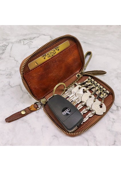 Kumral Tarzı %100 Gerçek Deri Anahtar Cüzdanı Erkek Araba Anahtar Tutucu Retro Anahtar Çantası Erkek Cüzdanı Vintage Ev Sahibi Anahtarlık Dana Derisi Kartlık Kılıfı (Yurt Dışından)
