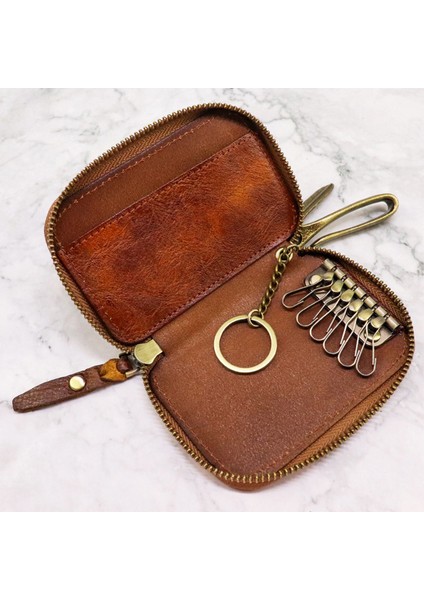 Kumral Tarzı %100 Gerçek Deri Anahtar Cüzdanı Erkek Araba Anahtar Tutucu Retro Anahtar Çantası Erkek Cüzdanı Vintage Ev Sahibi Anahtarlık Dana Derisi Kartlık Kılıfı (Yurt Dışından)