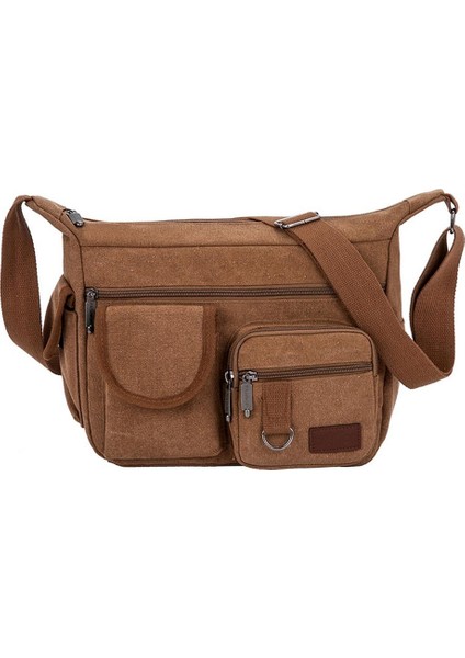 Kahverengi Tarzı Omuz Çantası Unisex Kanvas Büyük Kapasiteli Çok Cepli Vintage Şık Düz Cross-Body Günlük Seyahat Tote Moda Retro (Yurt Dışından)