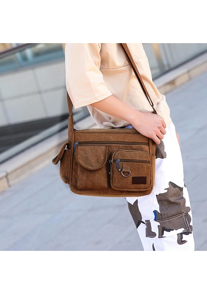 Kahverengi Tarzı Omuz Çantası Unisex Kanvas Büyük Kapasiteli Çok Cepli Vintage Şık Düz Cross-Body Günlük Seyahat Tote Moda Retro (Yurt Dışından) modelleri