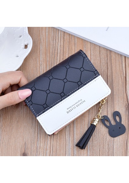 Siyah Stil Kadın Kısa Cüzdan Yama Desenli Küçük Fermuarlı Cüzdan Kontrol Kabartmalı Püsküllü Cüzdanlar Sevimli Basit Kartlık Pembe Mini Para Çantası (Yurt Dışından)