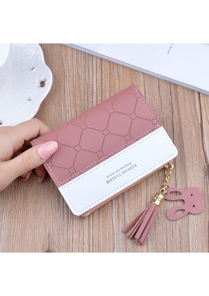 Siyah Stil Kadın Kısa Cüzdan Yama Desenli Küçük Fermuarlı Cüzdan Kontrol Kabartmalı Püsküllü Cüzdanlar Sevimli Basit Kartlık Pembe Mini Para Çantası (Yurt Dışından) indirimleri