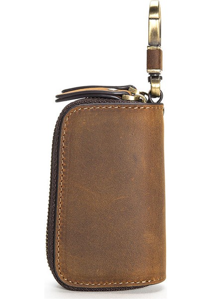 Kahve-Çılgın At Stili Gerçek Deri Anahtar Cüzdanı Erkekler Vintage Anahtar Çantası Araba Anahtar Tutucuları Çift Fermuar Anahtarlık Kılıfı Kadınlar Küçük Hizmetli Anahtar Kılıfı (Yurt Dışından)