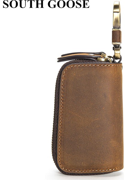 Kahve-Çılgın At Stili Gerçek Deri Anahtar Cüzdanı Erkekler Vintage Anahtar Çantası Araba Anahtar Tutucuları Çift Fermuar Anahtarlık Kılıfı Kadınlar Küçük Hizmetli Anahtar Kılıfı (Yurt Dışından)