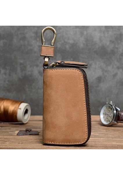 Kahve-Çılgın At Stili Gerçek Deri Anahtar Cüzdanı Erkekler Vintage Anahtar Çantası Araba Anahtar Tutucuları Çift Fermuar Anahtarlık Kılıfı Kadınlar Küçük Hizmetli Anahtar Kılıfı (Yurt Dışından)
