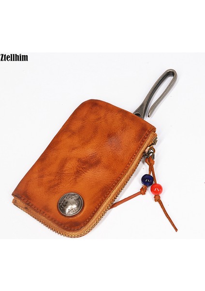 Sarı Kahverengi Tarzı Gerçek Deri Anahtar Cüzdan Tutucu Erkekler Vintage El Yapımı Inek Derisi Fermuarlı Anahtar Cüzdanları Kılıfı Organizatör Bozuk Para Cüzdan Kartlık Ile (Yurt Dışından)