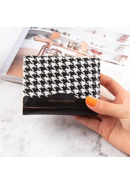 Siyah Stil Kadın Moda Kısa Tokalı Cüzdan Zıt Renk Katlanır Köpekdişi Çanta Bayanlar Çoklu Kartlık Bozuk Para Cüzdanı (Yurt Dışından) indirimleri