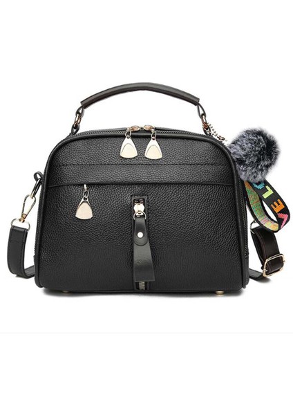 Siyah Stil Lüks Çapraz Vücut Çantaları Püsküllü Messenger Omuz Çantası Kadın Pu Deri El Çantası Bayan Boston Saç Topu Messenger Çantalar Bayanlar (Yurt Dışından)