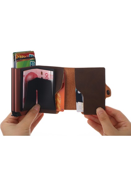 Çift Kahverengi Stil Casekey Çift Manuel Pop-Up Kartvizit Tutucu Rfid Minimalist Cüzdan Metal Çift Kart Tutucu Kılıf (Yurt Dışından) modelleri