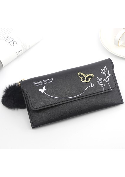 Siyah Stil Şık Yeni Kadın Uzun Cüzdanlar Saf Renk Yün Topu Yay Debriyaj Çanta Kadın Uzun Çanta Kart Çantası Bozuk Para Cüzdanı (Yurt Dışından)