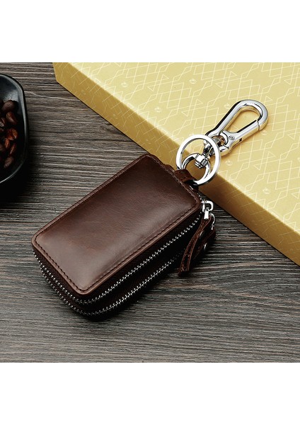 Kahve TP9009 Tarzı Dıde Vintage Gerçek Deri Araba Anahtar Çantası Küçük Madeni Para Cüzdanı Erkek Kadın Anahtarlar Organizatör Anahtarlık Çift Fermuar Kapak Anahtarlık Kılıfı (Yurt Dışından)