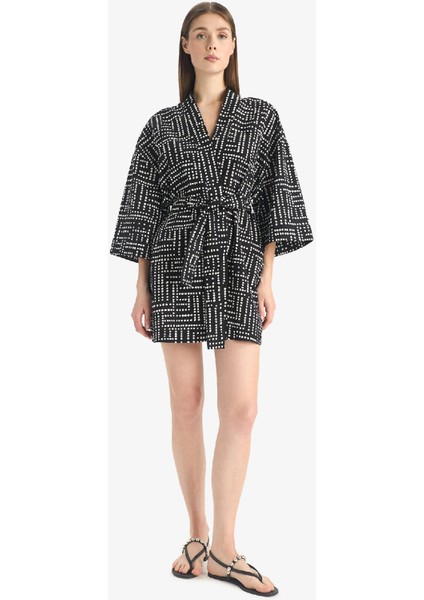 Regular Fit Desenli Kuşaklı Pamuklu Kimono-Fall in Love D0453AX25SP