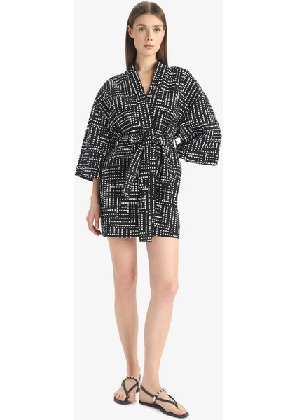 Regular Fit Desenli Kuşaklı Pamuklu Kimono-Fall in Love D0453AX25SP