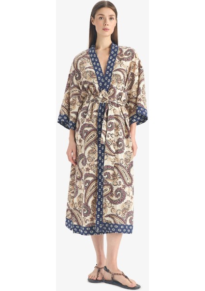 Regular Fit Kuşaklı Etnik Desenli Pamuklu Kimono-Fall in Love D0456AX25SP