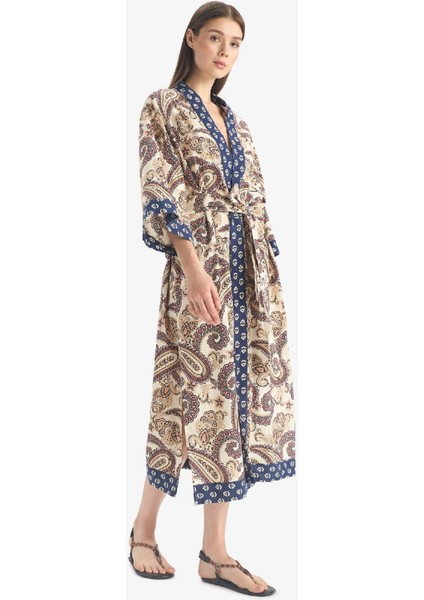 Regular Fit Kuşaklı Etnik Desenli Pamuklu Kimono-Fall in Love D0456AX25SP