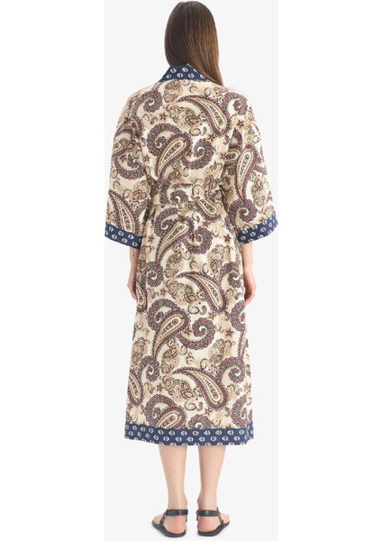Regular Fit Kuşaklı Etnik Desenli Pamuklu Kimono-Fall in Love D0456AX25SP