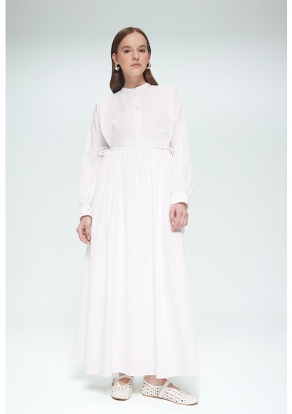 Relax Fit Bisiklet Yaka Kuşaklı Poplin Uzun Kollu Maxi Tesettür Elbise F1382AX25SM