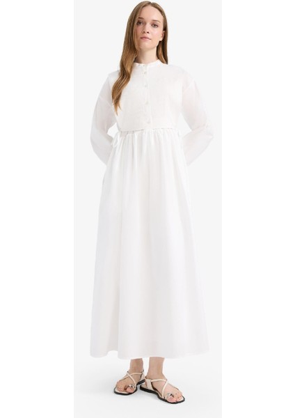 Relax Fit Bisiklet Yaka Kuşaklı Poplin Uzun Kollu Maxi Tesettür Elbise F1382AX25SM