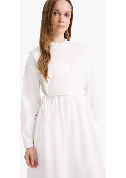 Relax Fit Bisiklet Yaka Kuşaklı Poplin Uzun Kollu Maxi Tesettür Elbise F1382AX25SM
