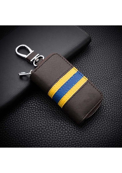 Kahve Stili Moda Renkli Çizgili Deri Anahtar Çantası Evrensel Anahtar Kılıfı Araba Anahtarlığı Erkek Kadın Anahtar Cüzdanı Mini Fermuarlı Çanta Anahtar Tutucu (Yurt Dışından)