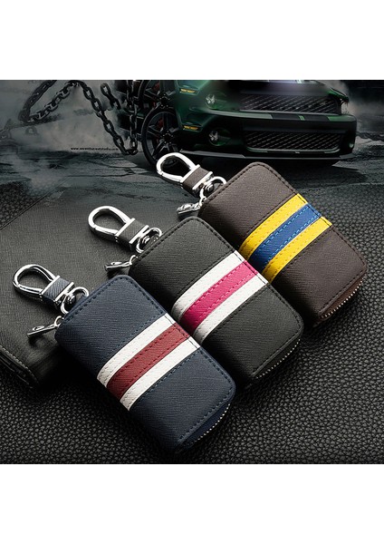 Kahve Stili Moda Renkli Çizgili Deri Anahtar Çantası Evrensel Anahtar Kılıfı Araba Anahtarlığı Erkek Kadın Anahtar Cüzdanı Mini Fermuarlı Çanta Anahtar Tutucu (Yurt Dışından)